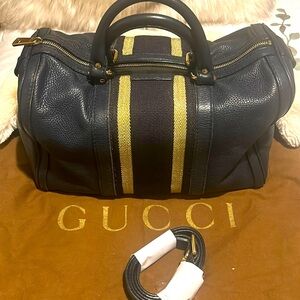 Authentic Gucci Boston Bag Purse Navy Blue and Gold EUC